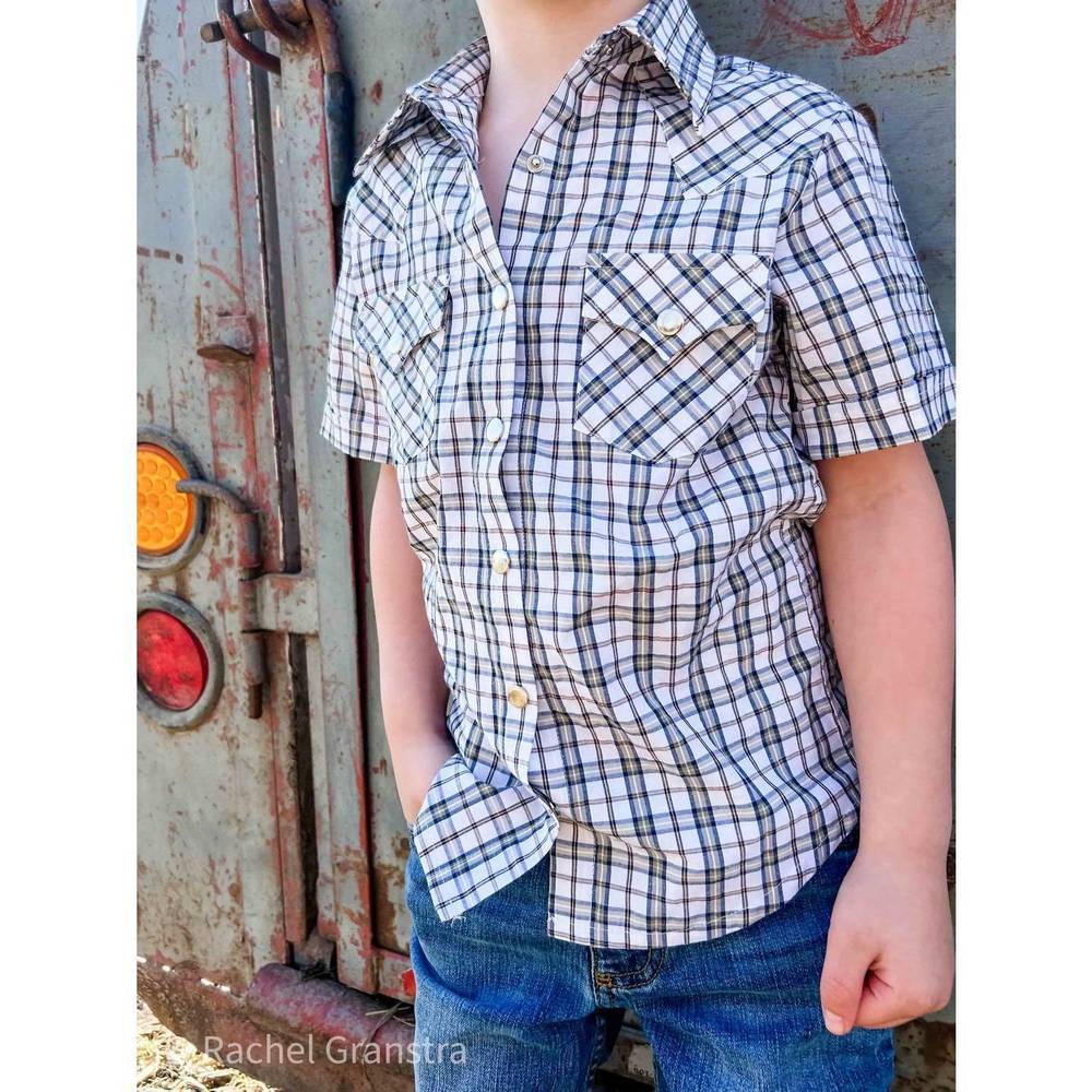 NEW AMERICAN FARM COMPANY boys youth plaid pattern metal snap shirt in tan